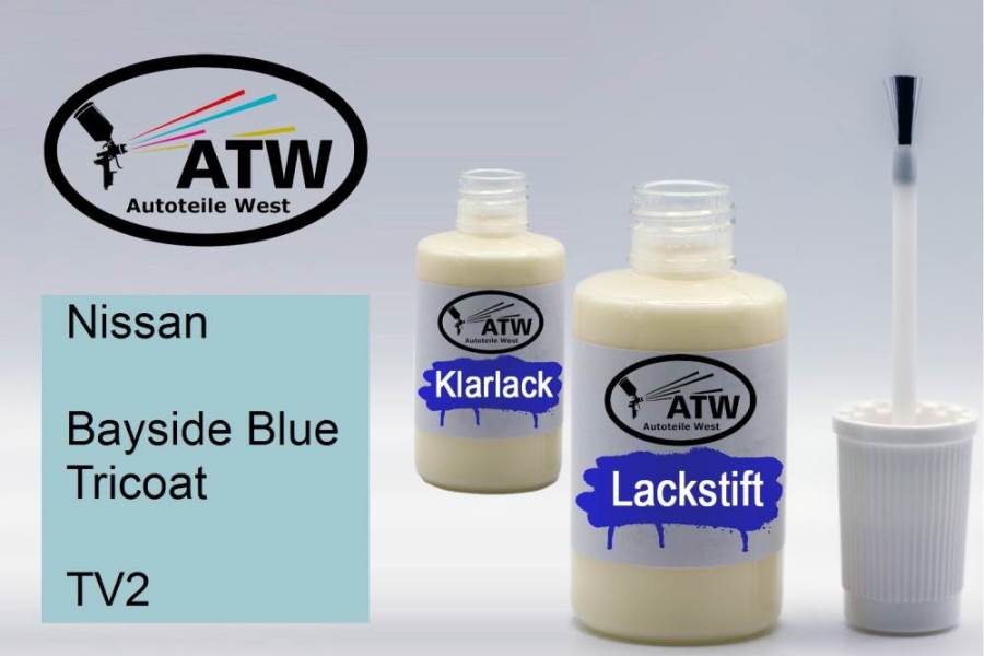 Nissan, Bayside Blue Tricoat, TV2: 20ml Lackstift + 20ml Klarlack - Set, von ATW Autoteile West.